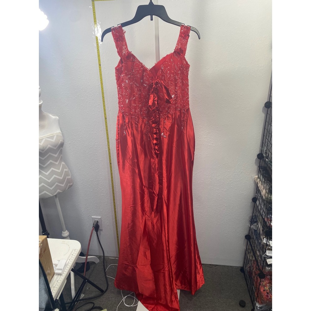 Red Sequin Corset Formal Gown Satin High Slit Prom Dress Lace Back Floor Length - Picture 2 of 2